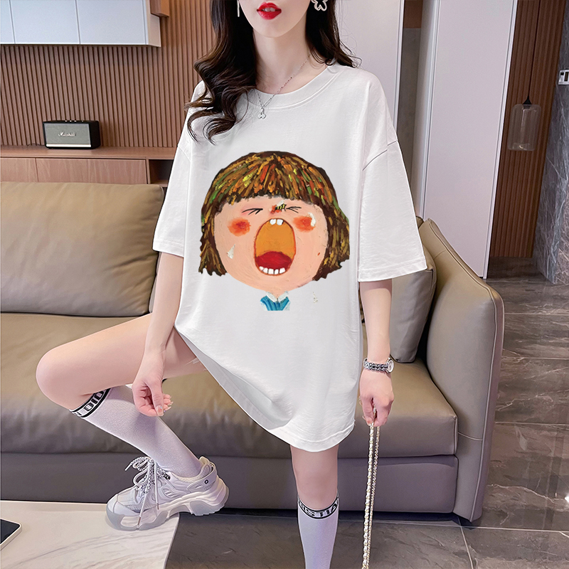 Real Time Shooting - Summer Cotton Back Wrap Print Large Top Short Sleeve T-shirt Women