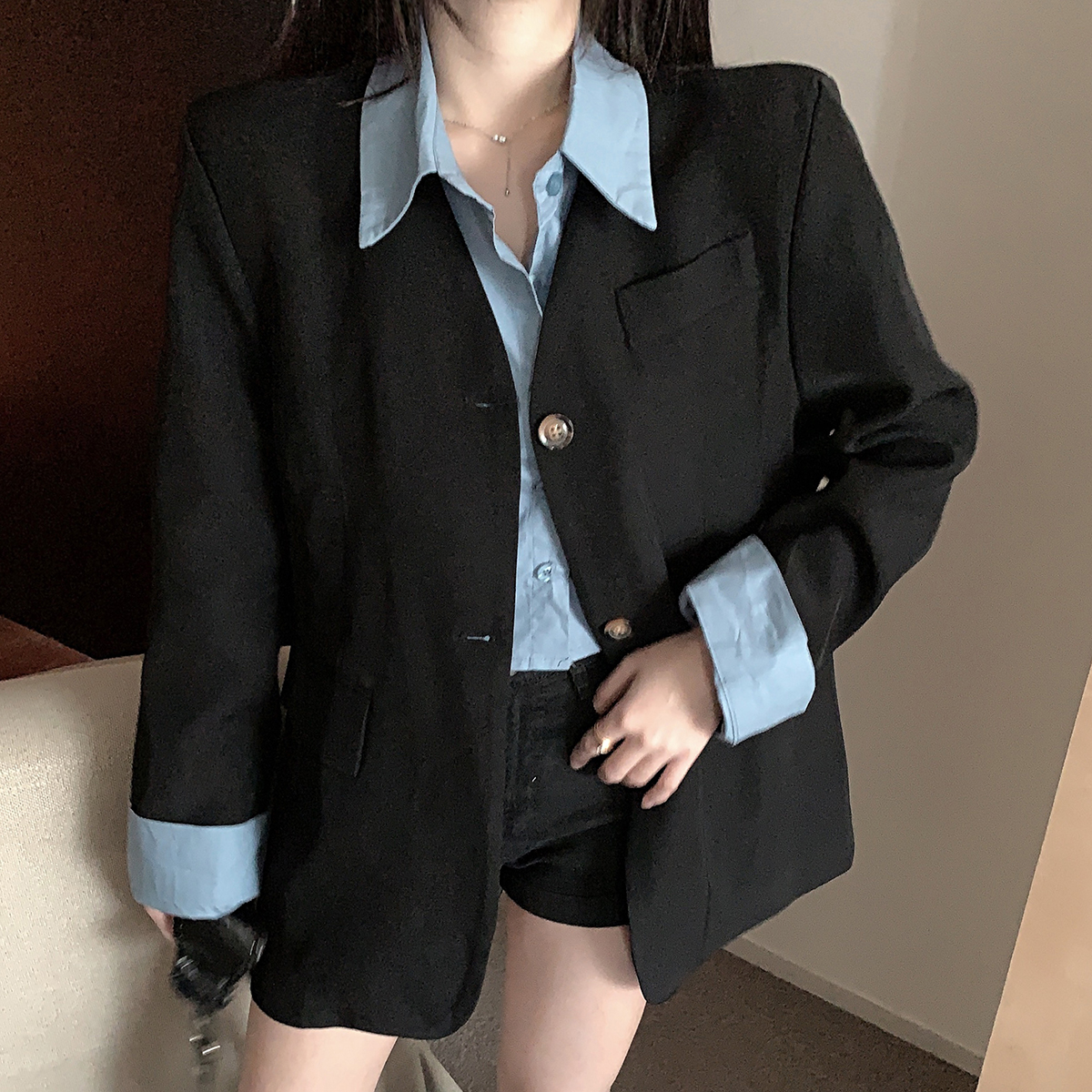 Real shot of spring new high-end suit Korean style splicing single-breasted button all-match suit jacket tide