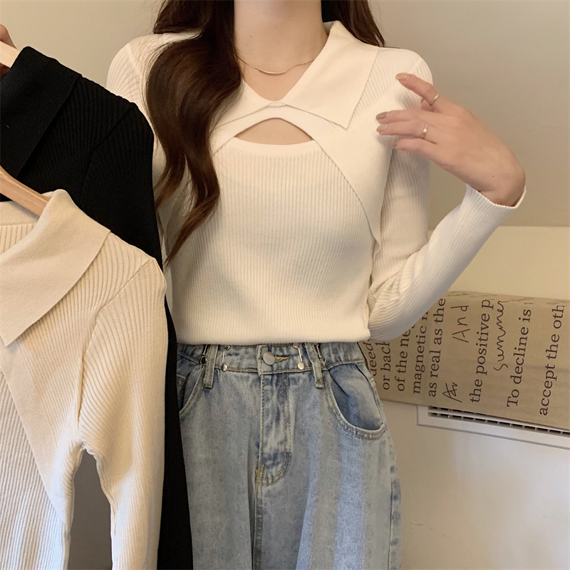 Real shooting real price Autumn and winter Korean version hollow out careful machine design feeling thin pullover long-sleeved knitted sweater bottoming sweater