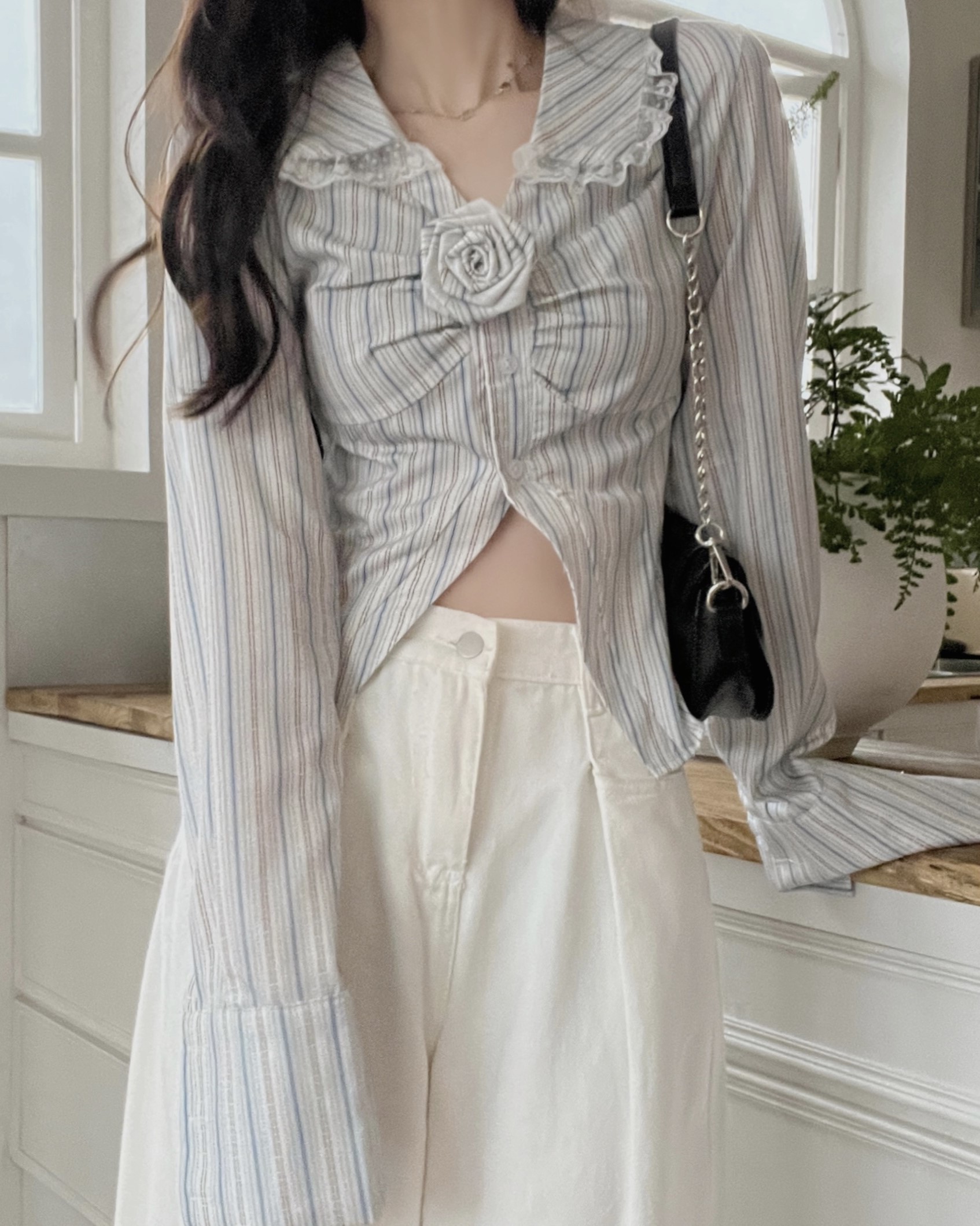 Real price real price French style unique polo collar irregular striped waist slimming short long-sleeved shirt