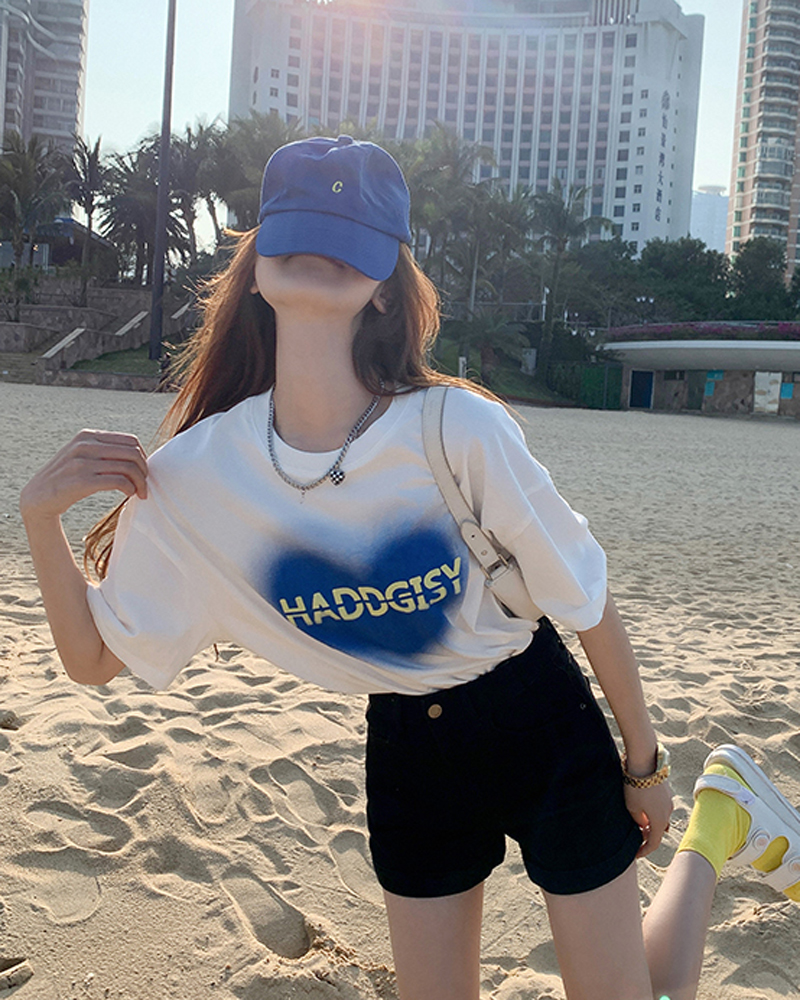 Real cotton 2022 new love lovely fashion versatile short sleeve printed Korean T-shirt women