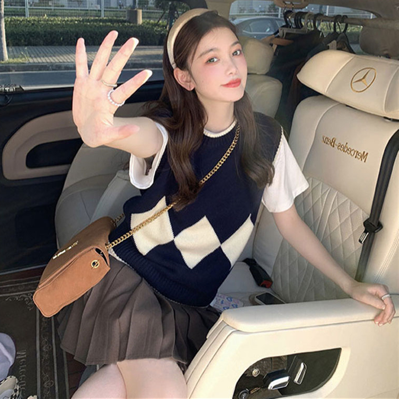 Xiaoxiang style rhombus sweater vest vest women's spring and autumn outer layered sleeveless knitted vest jacket women's short style