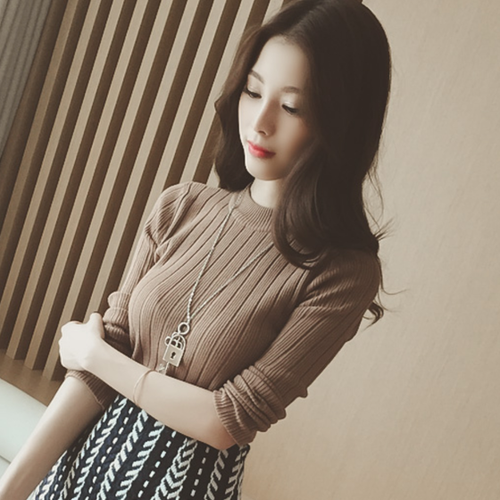 2021 autumn new Korean version solid color versatile round neck slim fit Pullover threaded sweater bottomed blouse women