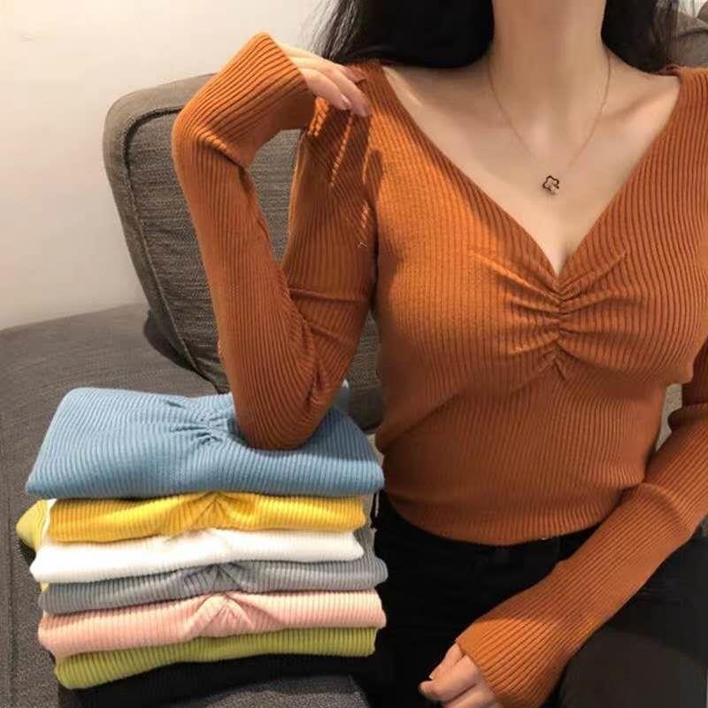2019 new style bottom up shirt shows thin Korean sexy V-neck slim Top Long Sleeve T-Shirt foreign style
