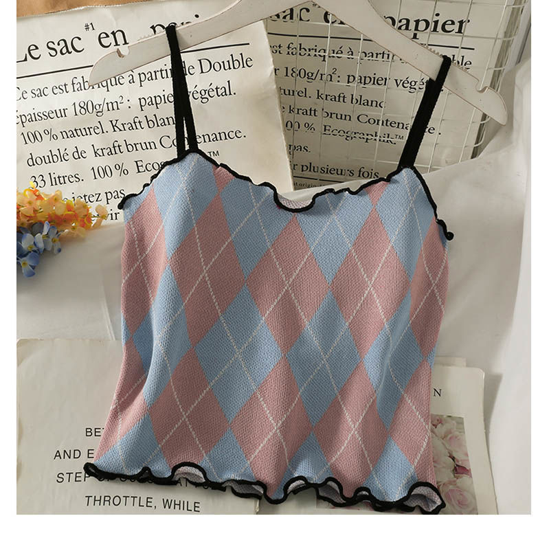Ice silk contrast color rhombus plaid ear-hemmed camisole women's inner wear spring and summer short sweet girl wear knitted top