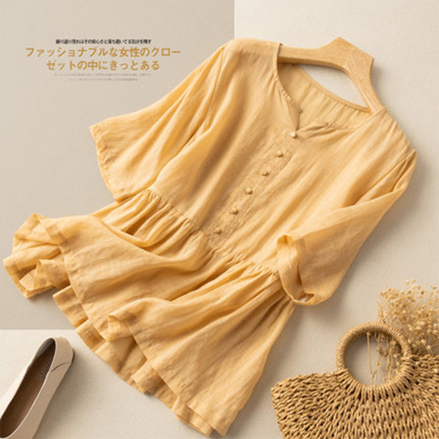 Cotton short sleeve Imitation cotton linen blouse baby blouse women's literature and art RETRO blouse summer 2022 new thin style loose