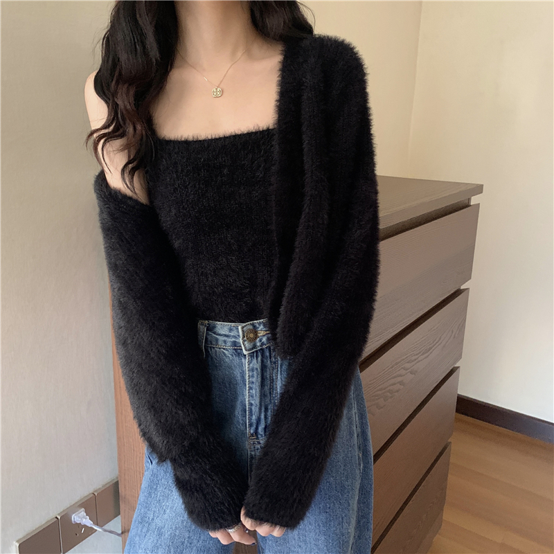 New soft waxy mink two piece sweater cardigan suit