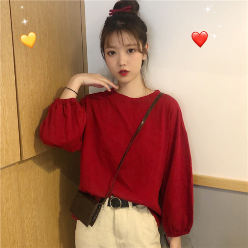 Autumn 2020 new Korean loose round neck versatile Lantern Sleeve White Top long sleeve t-shirt female student ins
