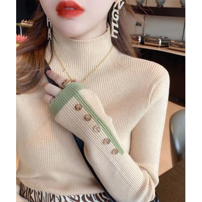 Knitted bottomed shirt women's spring and autumn 2021 new style foreign style inner high neck sweater thickened slim fit versatile black top