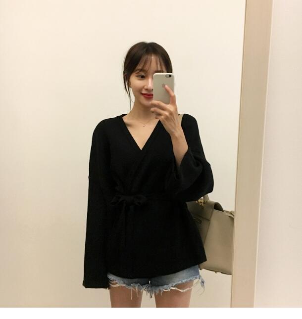 Korean version of ind spring and autumn loose lazy style pure color simple V-neck waist knit cardigan coat sweater belt women