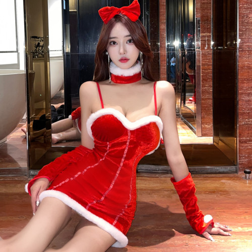 Real shot Christmas cosplay red sexy hot girl velvet plush cute dress suit female