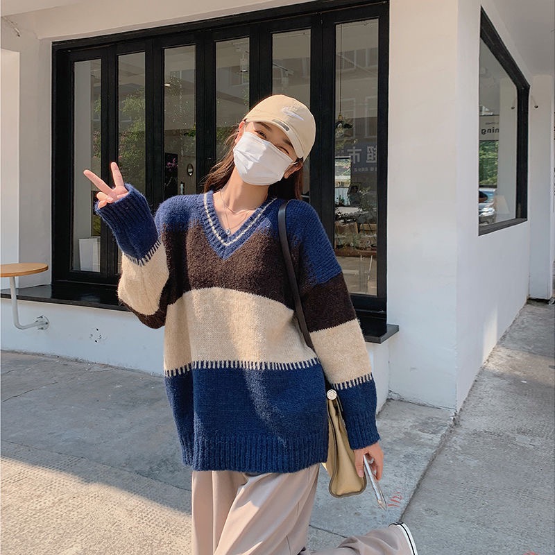 2021 new port stripe sweater women's loose outer wear loose lazy Pullover V-neck top early autumn sweater