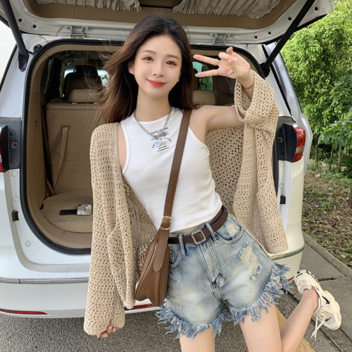 Khaki design hollow long-sleeved sun protection blouse with cardigan shawl coat thin air-conditioning shirt top for women