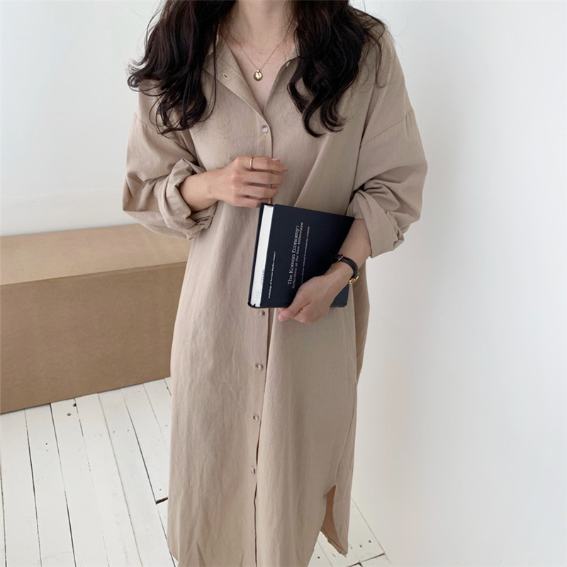 Korean dovetail single breasted slit shirt long skirt 2021pol collar cotton hemp shirt dress long sleeve large size