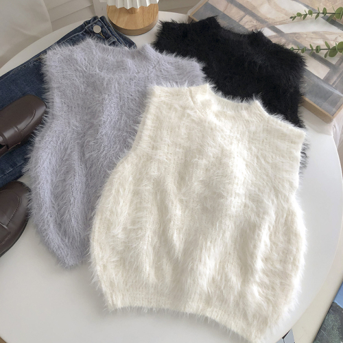 Imitation mink fur sleeveless knitted vest women's 2021 winter Korean version retro all-match short pullover vest top