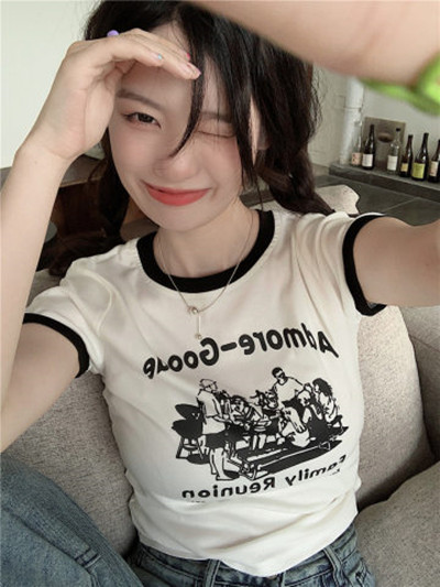 Printed Summer Slim Short Contrast Color Round Neck Short Sleeve T-Shirt