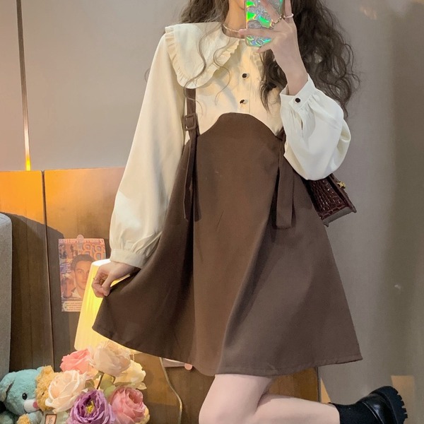 Design sense niche fake two pieces of splicing doll neck French style westernized long sleeved dress women's spring and autumn small skirt