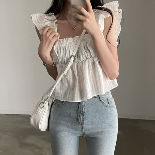 Korean chic summer new French square collar fungus edge sleeveless shirt women's thin and short age-reducing shirt