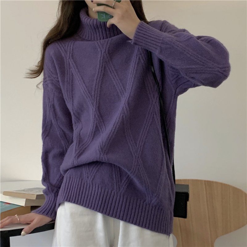 Real shooting real price Lazy wind loose Korean version turtleneck sweater women's thick knitted sweater top trendy