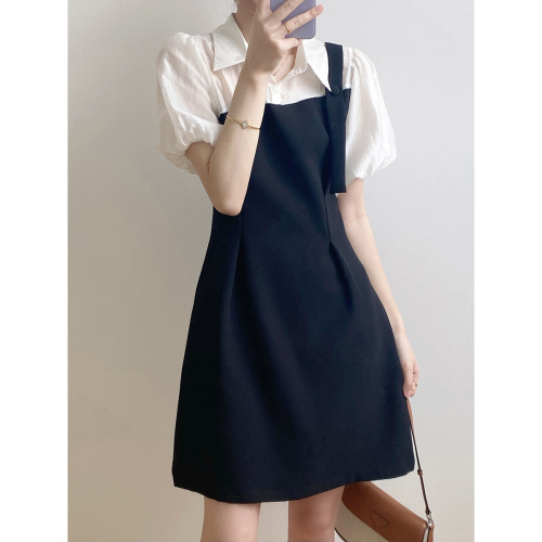 Real shot ~ Fake two-piece dress for women 2023 summer new French Hepburn style one-shoulder design skirt