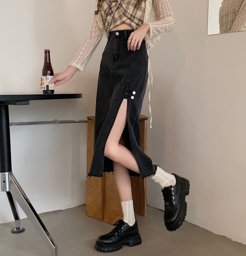 2023 new denim skirt women's high waist side slit denim skirt bag hip slim retro a-line skirt