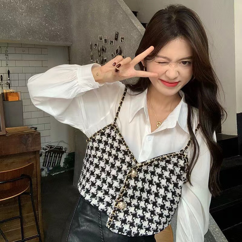 Small fragrance thousand bird lattice suspender Vest + long sleeve bottomed shirt