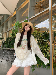 Real Shot Round Neck Letter Cartoon Pattern Spliced Lace Long Sleeve T-shirt Ruffled Elastic Waist Cake Skirt Women 