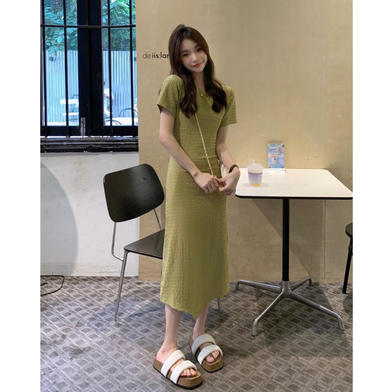 Real price!  Spring and summer design sense commuter short-sleeved dress women's Korean style irregular hem texture sense long skirt