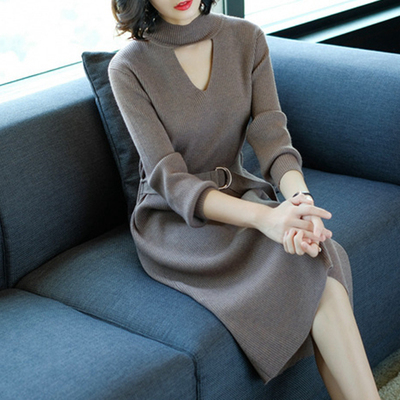 Autumn / winter 2020 new women's wool dress fashion slim Knee Length Long Sleeve Sweater Dress