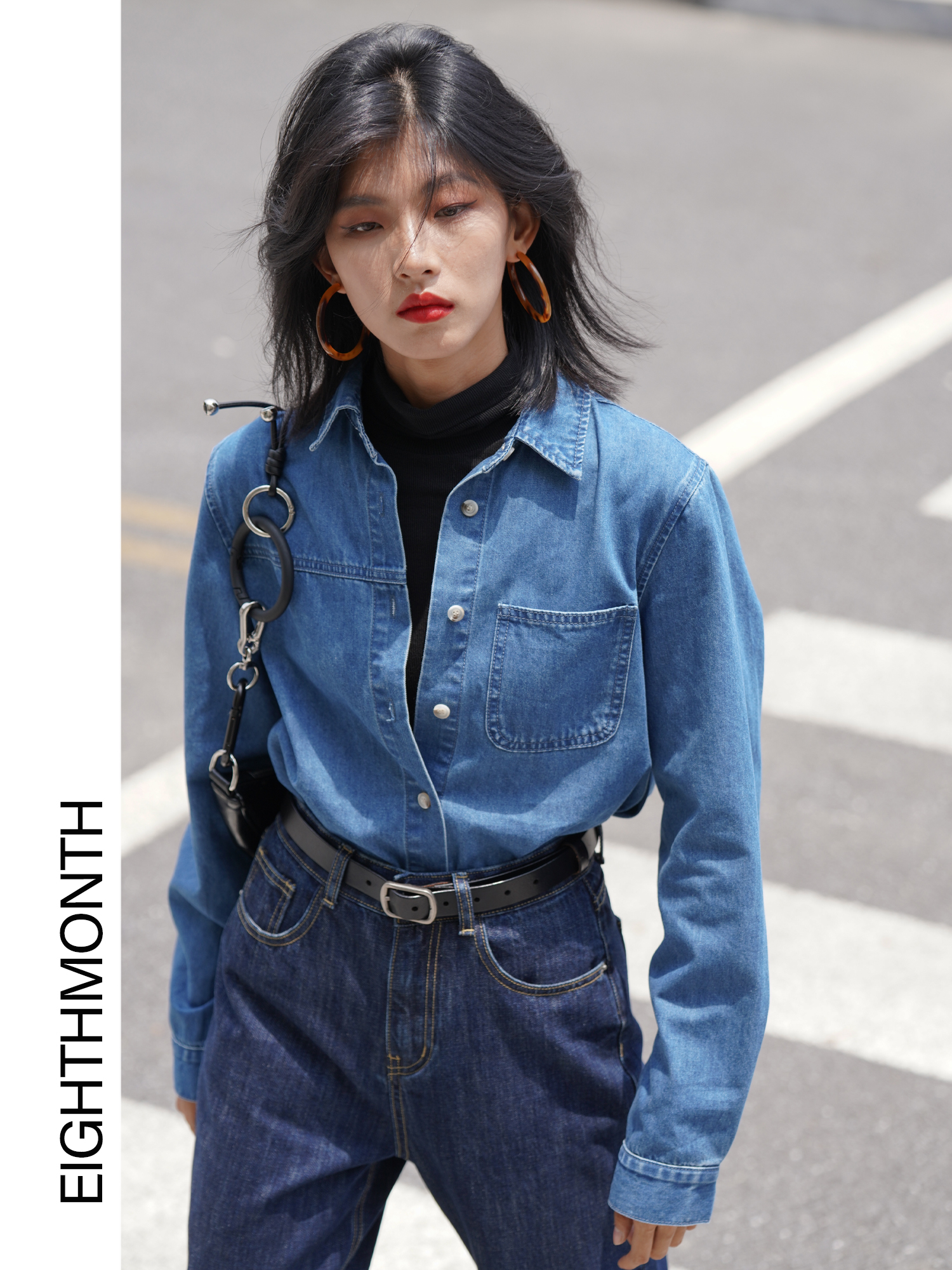 EM August denim shirt women's autumn and winter bottoming top design niche long-sleeved inner shirt for small people