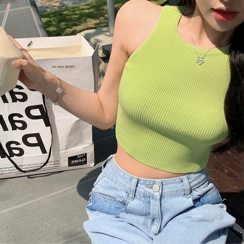Knitted camisole women wear summer hot girl base slim short black sleeveless top ins