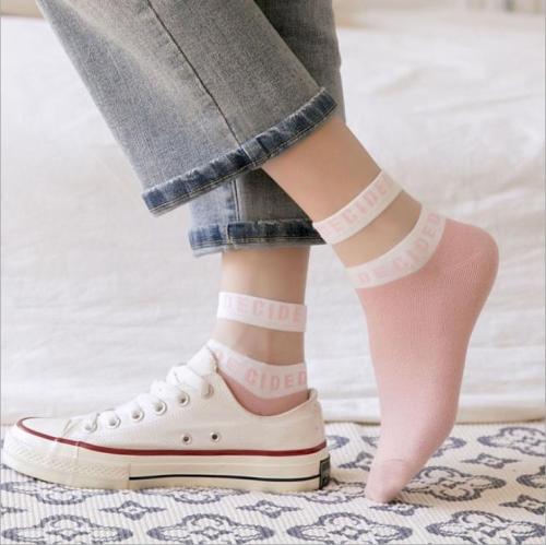 2020 spring and summer ship socks women's ins fashion crystal glass silk women's socks breathable comfortable card letter socks