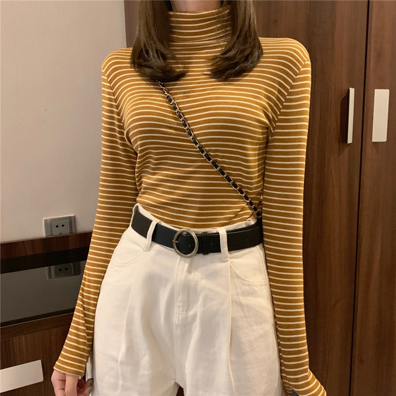 Real shot real price Korean slim fit versatile Plush elastic high collar Long Sleeve Striped T-Shirt Top bottoming woman