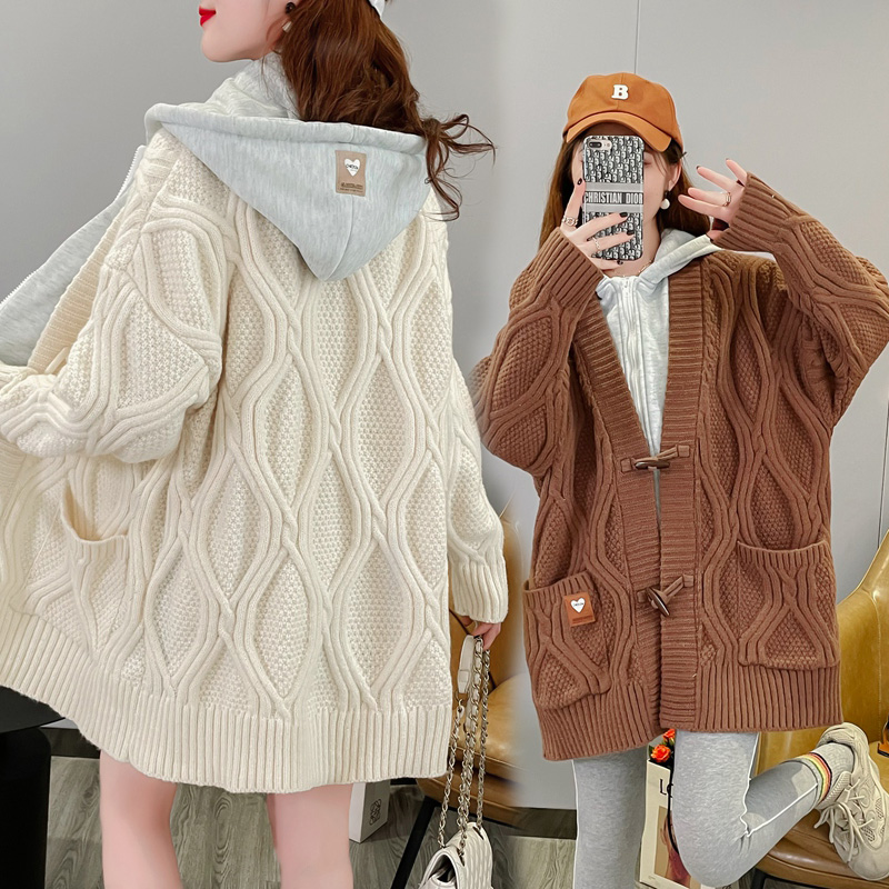 Hooded stitching fake two-piece sweater women's cardigan mid-length autumn and winter outer wear loose and lazy thick knitted sweater coat