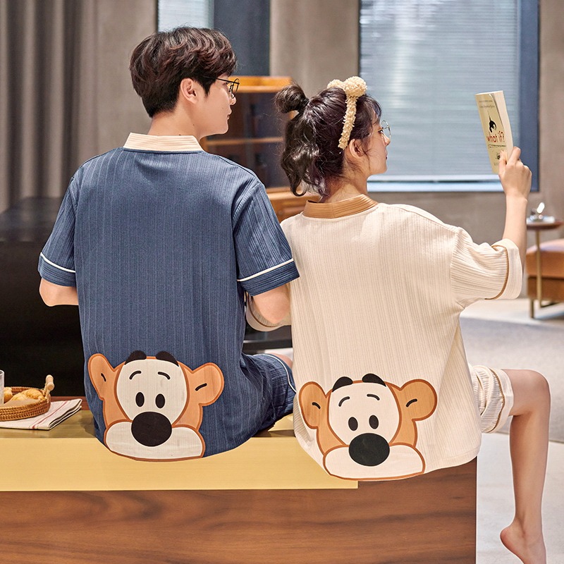 Couple pajamas summer Korean cartoon cardigan kimono men's short sleeve suit cotton home clothes sweet