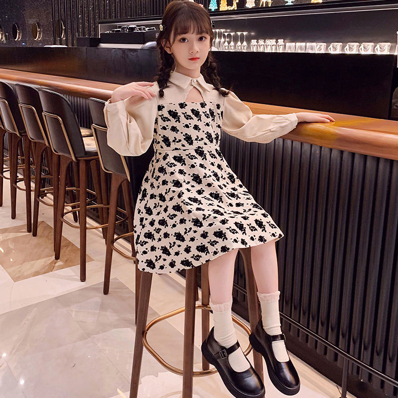Girls' spring dress foreign style girl floral skirt middle and big children's high-quality chiffon princess dress