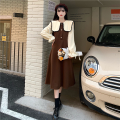 Autumn and winter retro light and familiar style dress warm corduroy stitching contrast skirt doll collar skirt