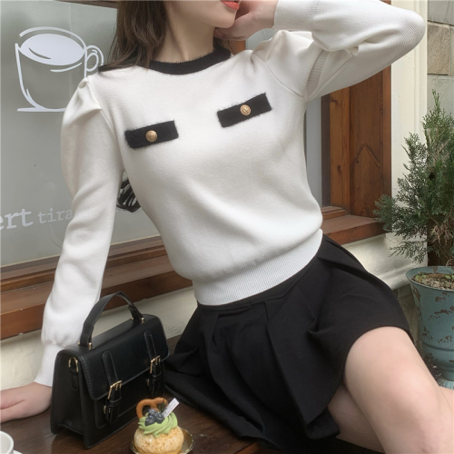 Real price real shot Korean version design sense round neck small fragrant wind puff sleeves all-match gentle French knitted long-sleeved top