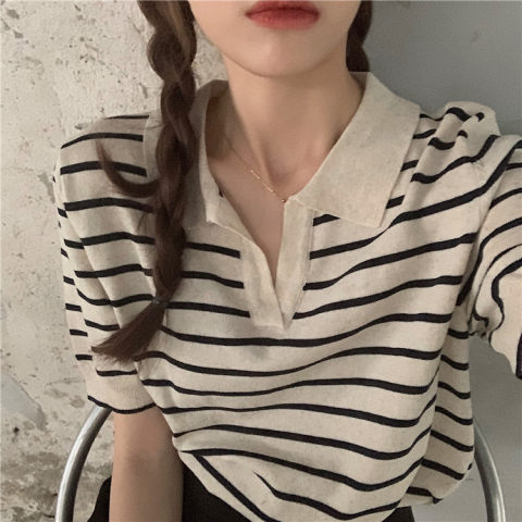 Summer 2022 new design stripe Navy style Lapel short sleeve top ice silk sweater women