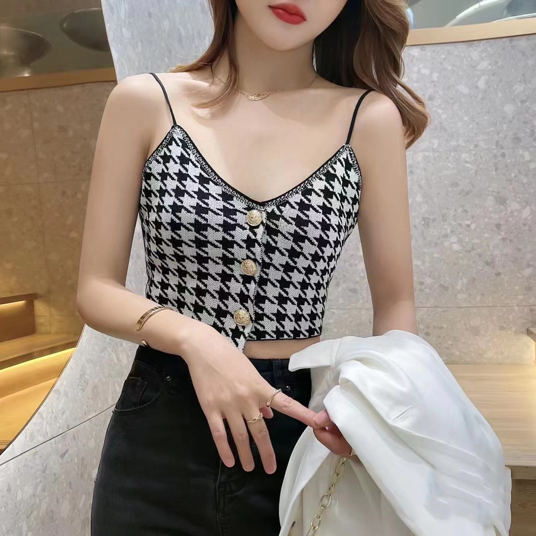 European Spice Girls short gas top small fragrant wind bird lattice suspender vest women's new spring and summer 2022