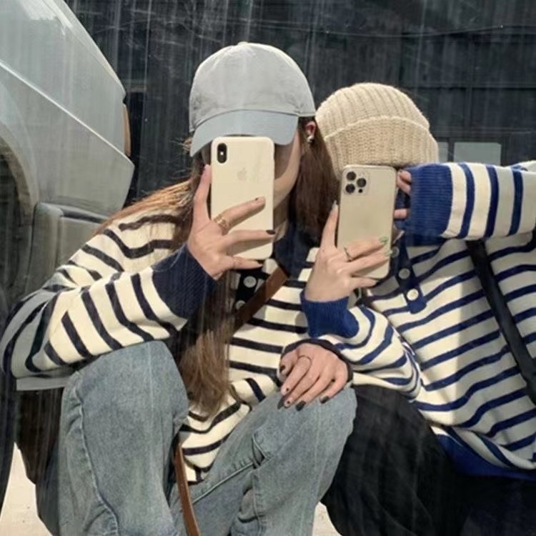 Korean loose striped Pullover Sweater for women in spring and autumn, retro, thin and lazy polo collar sweater, fashionable outside