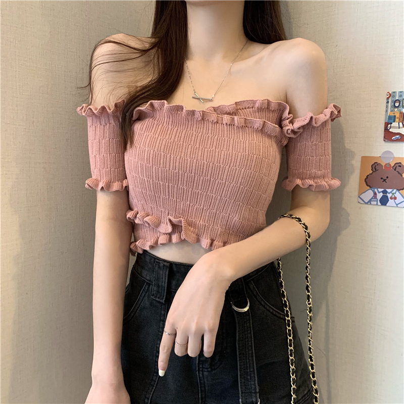 Real price early autumn new one shoulder cross short short sleeve lace T-shirt