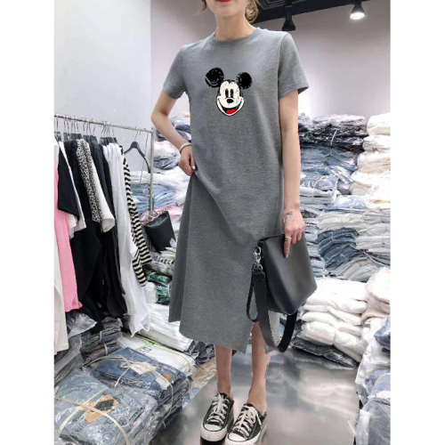 Summer short sleeve dress casual belly covering large women's loose medium length knee over bottomed T-shirt skirt