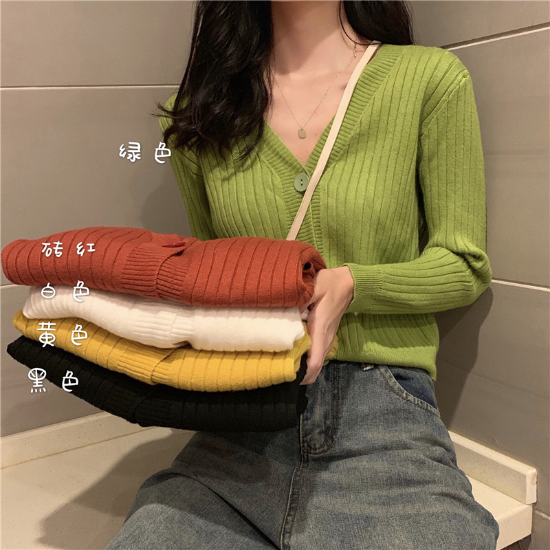 Spring new Korean version Avocado Green cardigan solid color collar loose top long sleeve knitwear women