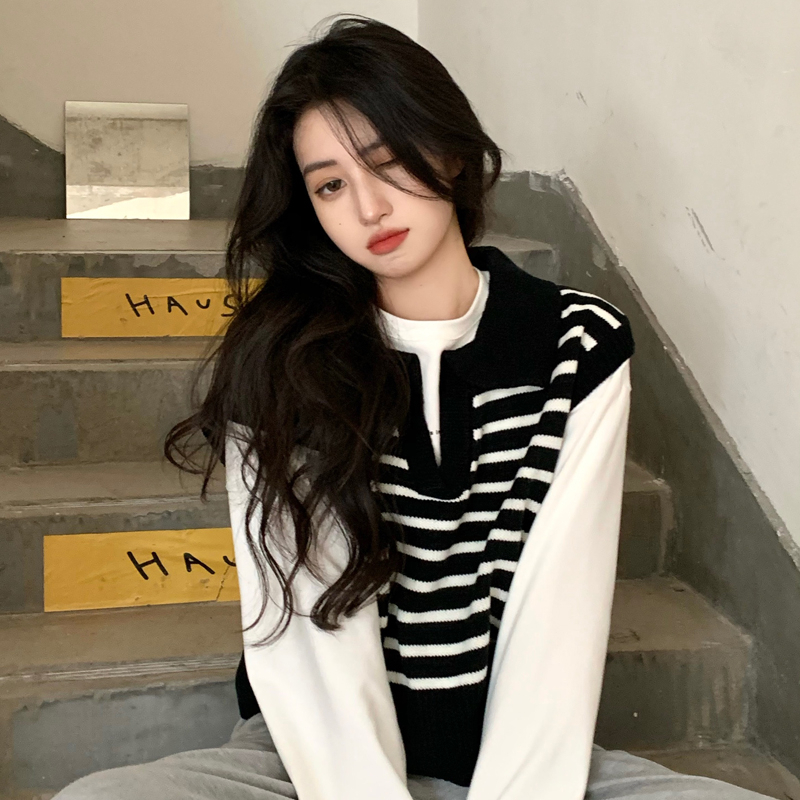 High vest spring and autumn new retro college style design sense polo lapel knitted sweater women