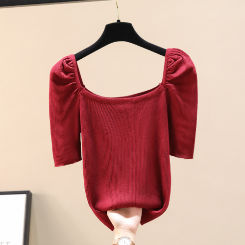 Real shot summer new Korean design feeling retro net red square collar slim knit top short short sleeve T-shirt for women