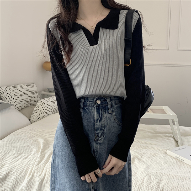 Real auction real price autumn new color matching POLO collar long-sleeved knitted sweater women's top