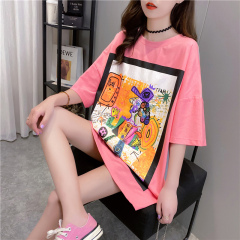 Actual photo 2020 Summer online Red Korean color blocking loose painting graffiti large women's medium long short sleeve T-shirt