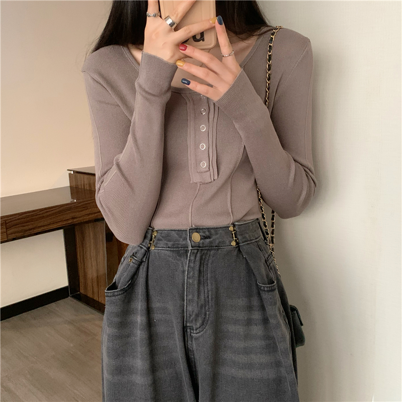 Real shooting, real price, slim, Korean solid color design, wearing long sleeved knitted bottomed shirt, T-shirt, female