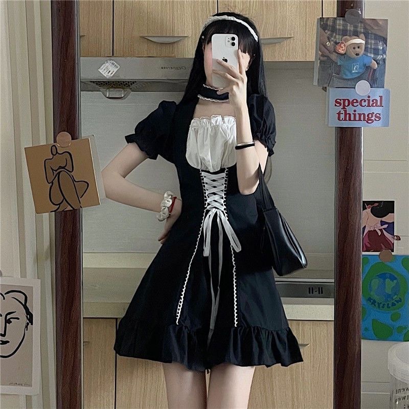 French puff sleeve square collar dress women's summer 2023 new design sense waist princess style hot girl short skirt